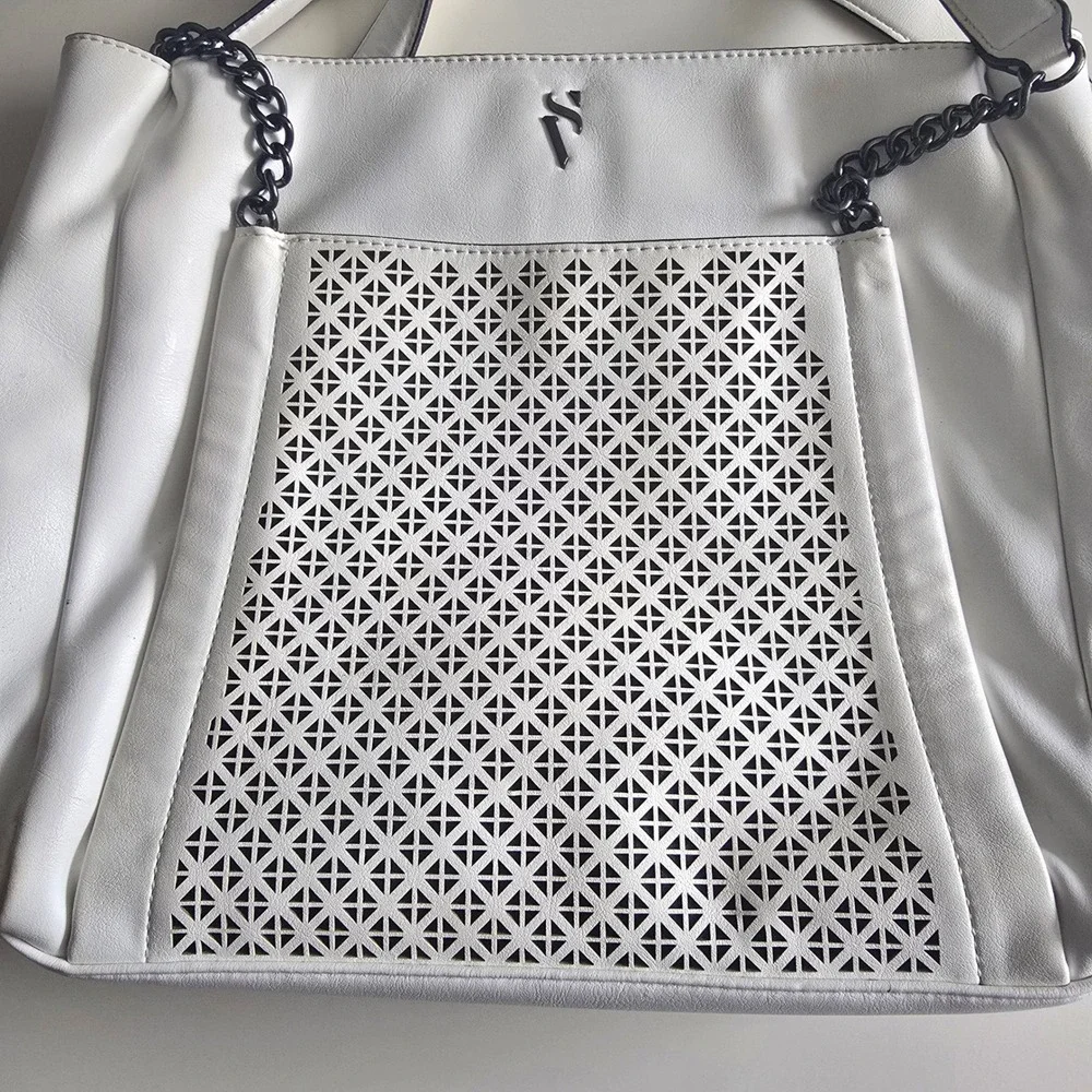 Simply Vera Vera Wang White Laser Cut Faux Leather Tote Bag Chain Strap Gunmetal
